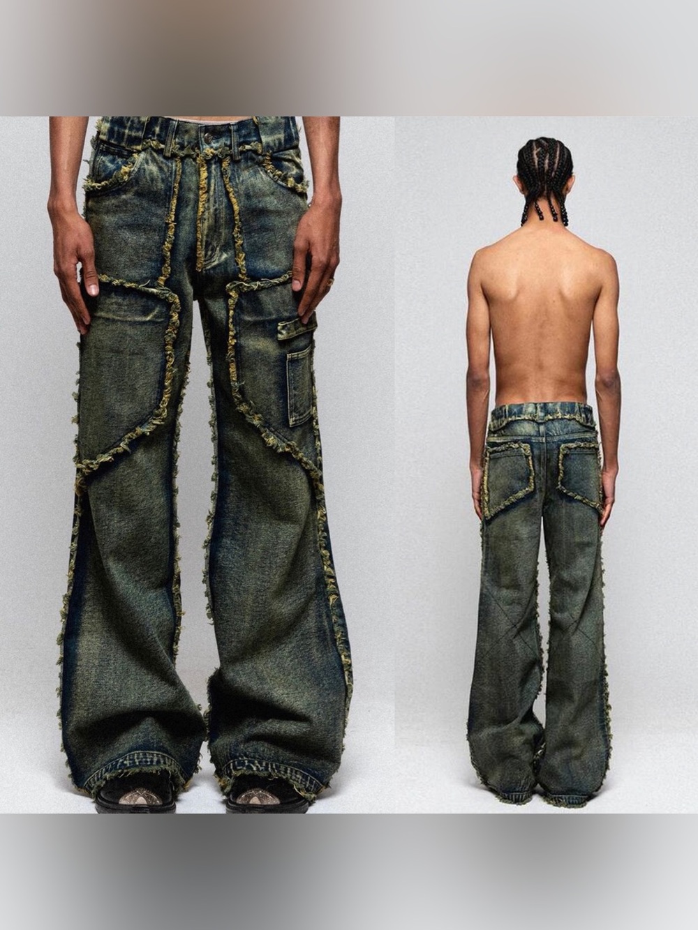 NO/FAITH STUDIOS Men’s Flared Denim 002 Green Blue Small NWT